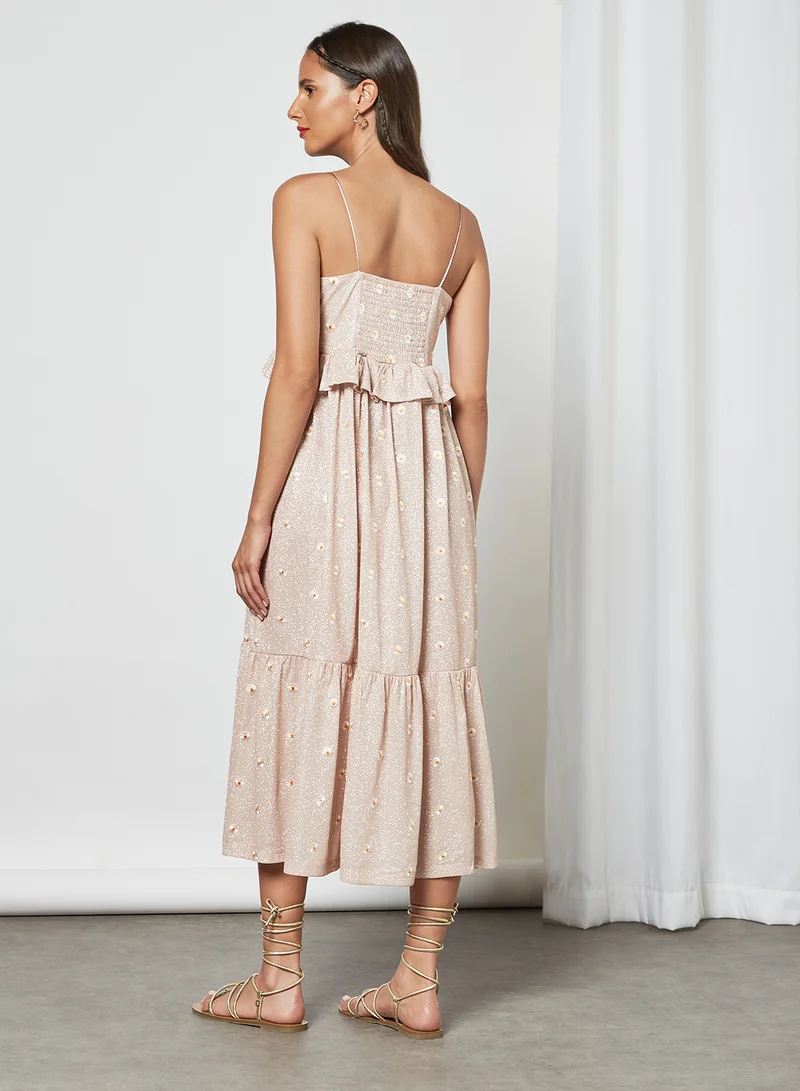 PIECES Sparkly Floral Print Midi Dress Pink