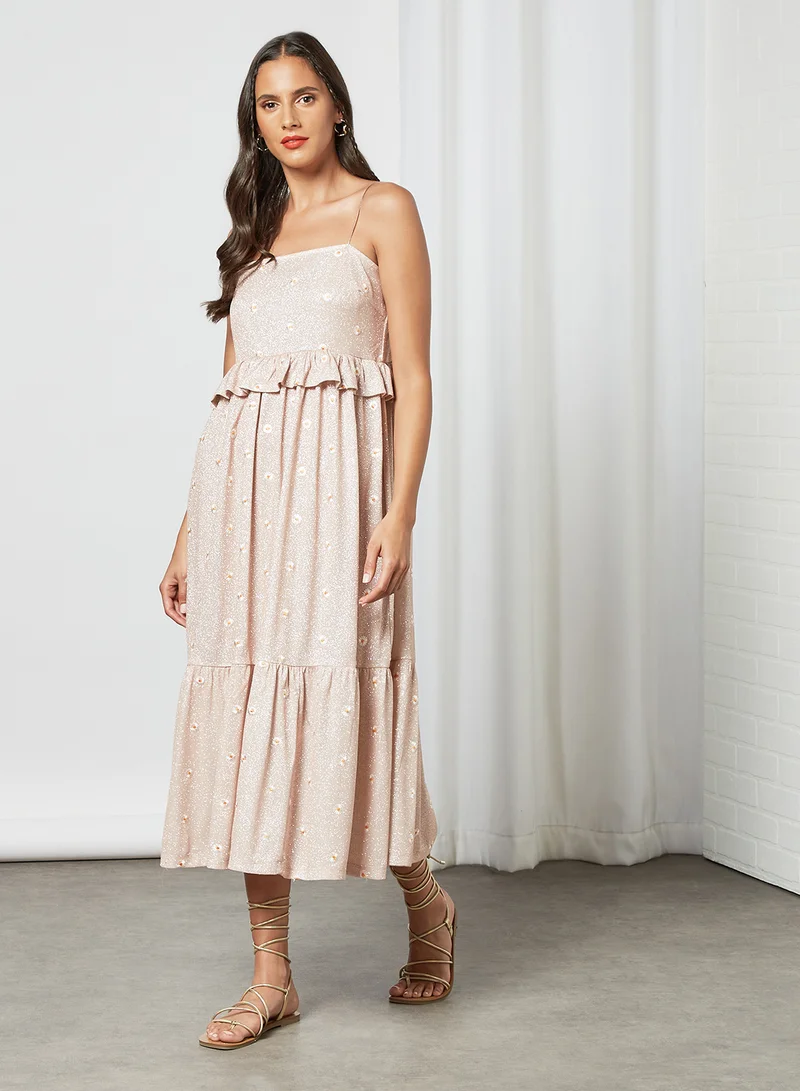 PIECES Sparkly Floral Print Midi Dress Pink