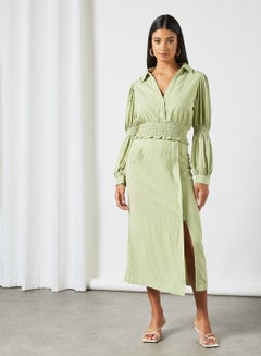 GHOSPELL Front Slit Textured Skirt Green  - Image 2