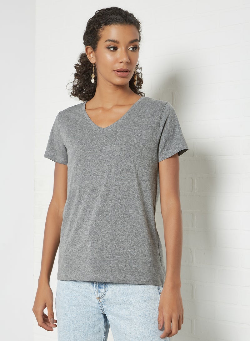 Aila - Casual V Neck Short Sleeves Plain T-Shirt Dark Grey Melange - Image 1
