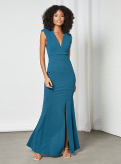 Padded Plunge Neck Maxi Dress Blue
