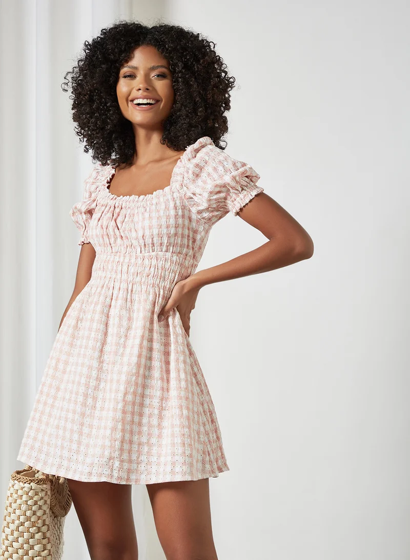 Bardot Gingham Print Broderie Dress