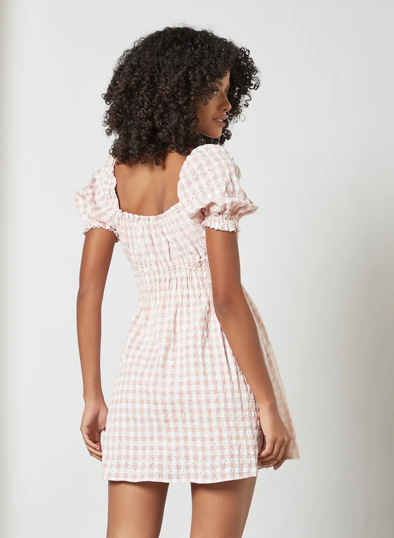 Bardot Gingham Puff Sleeve Dress Pink
