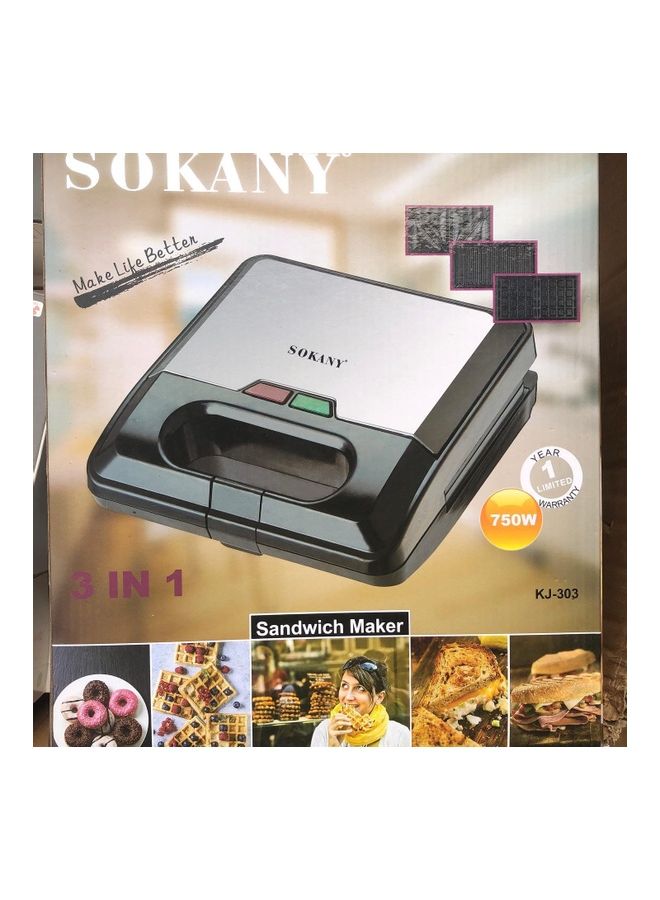 sokany 3 In 1 Electric Sandwich Maker 750 W KJ-303 Black/Silver  - Image 1
