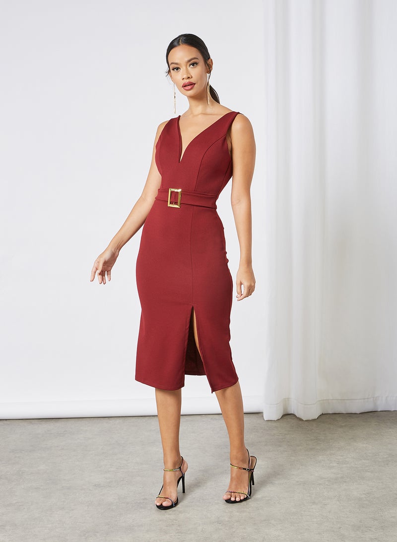 WaL G Italy - Plunge Neck Padded Midi Dress Burgundy - Image 1