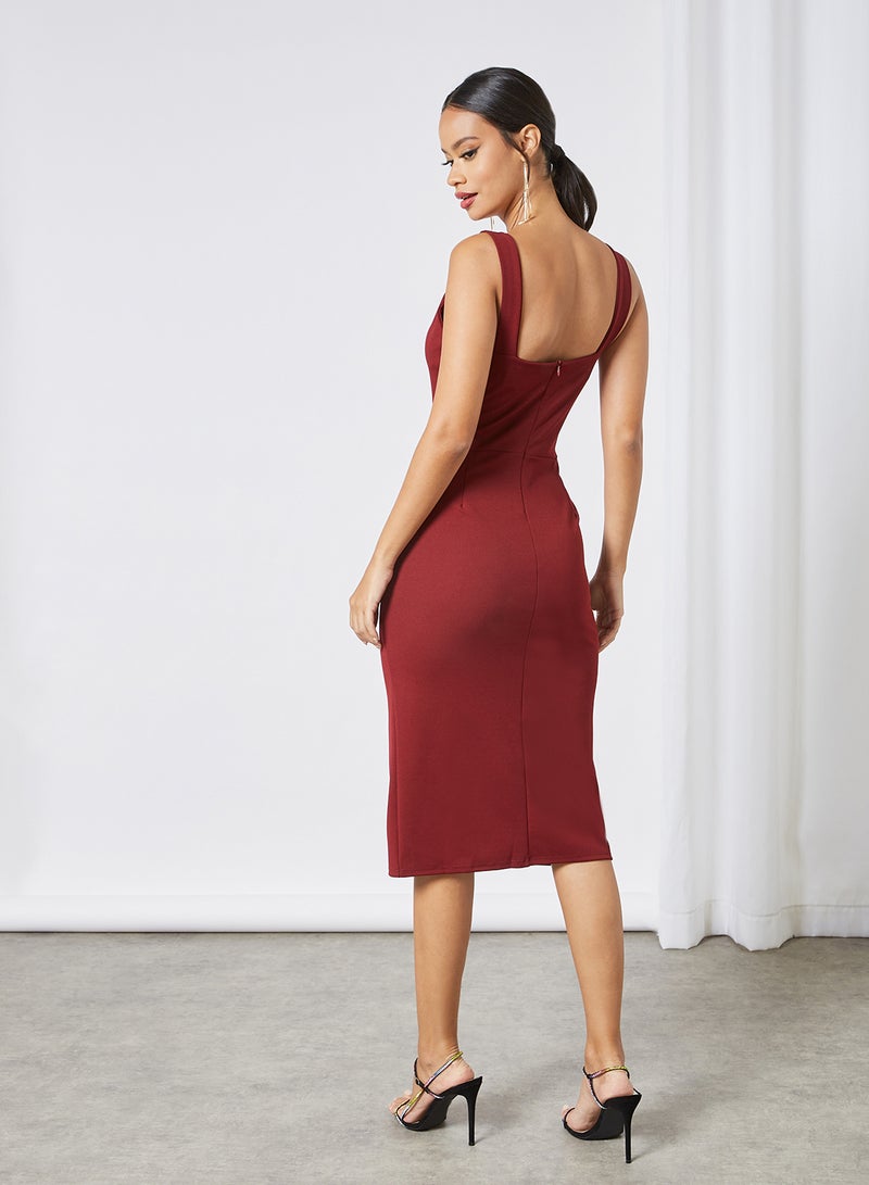 WaL G Italy - Plunge Neck Padded Midi Dress Burgundy - Image 1