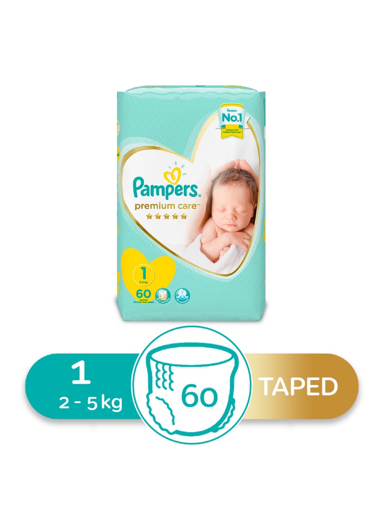 Pampers - Premium Care Diapers, Size 1, New Born, 2-5Kg, 60 Diapers - Image 1