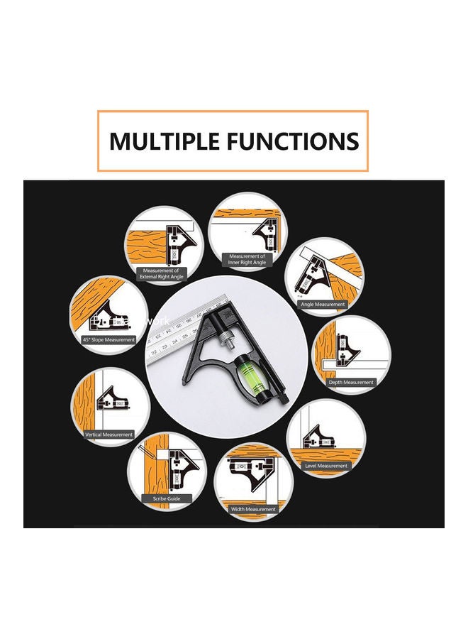 KKmoon Lengthened Combination Angle Ruler 90° Stainless Steel Level High 45° Combined Angle Ruler Multifunctional Measuring Tool For Woodworking Black/Silver - Image 2