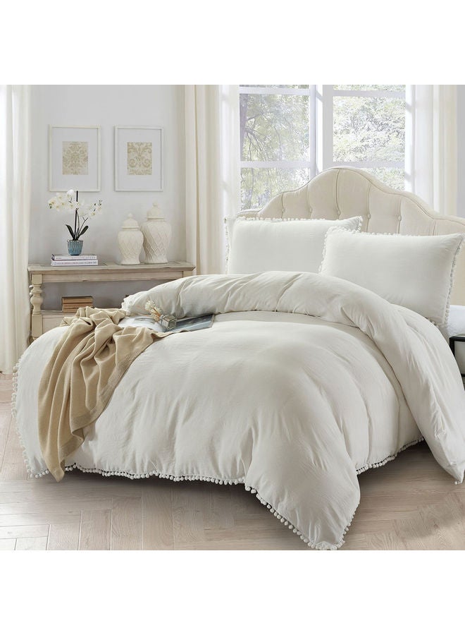 Donetella 2- Piece Pompom Duvet Cover Set Without Filler Single Size Soft Microfiber White Twin none - Image 1