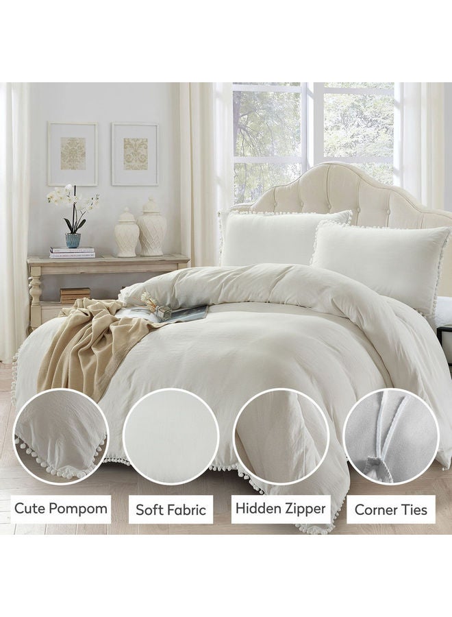 Donetella 2- Piece Pompom Duvet Cover Set Without Filler Single Size Soft Microfiber White Twin none - Image 3