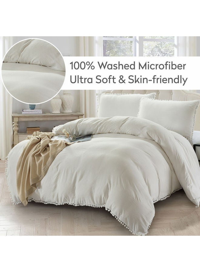 Donetella 2- Piece Pompom Duvet Cover Set Without Filler Single Size Soft Microfiber White Twin none - Image 4