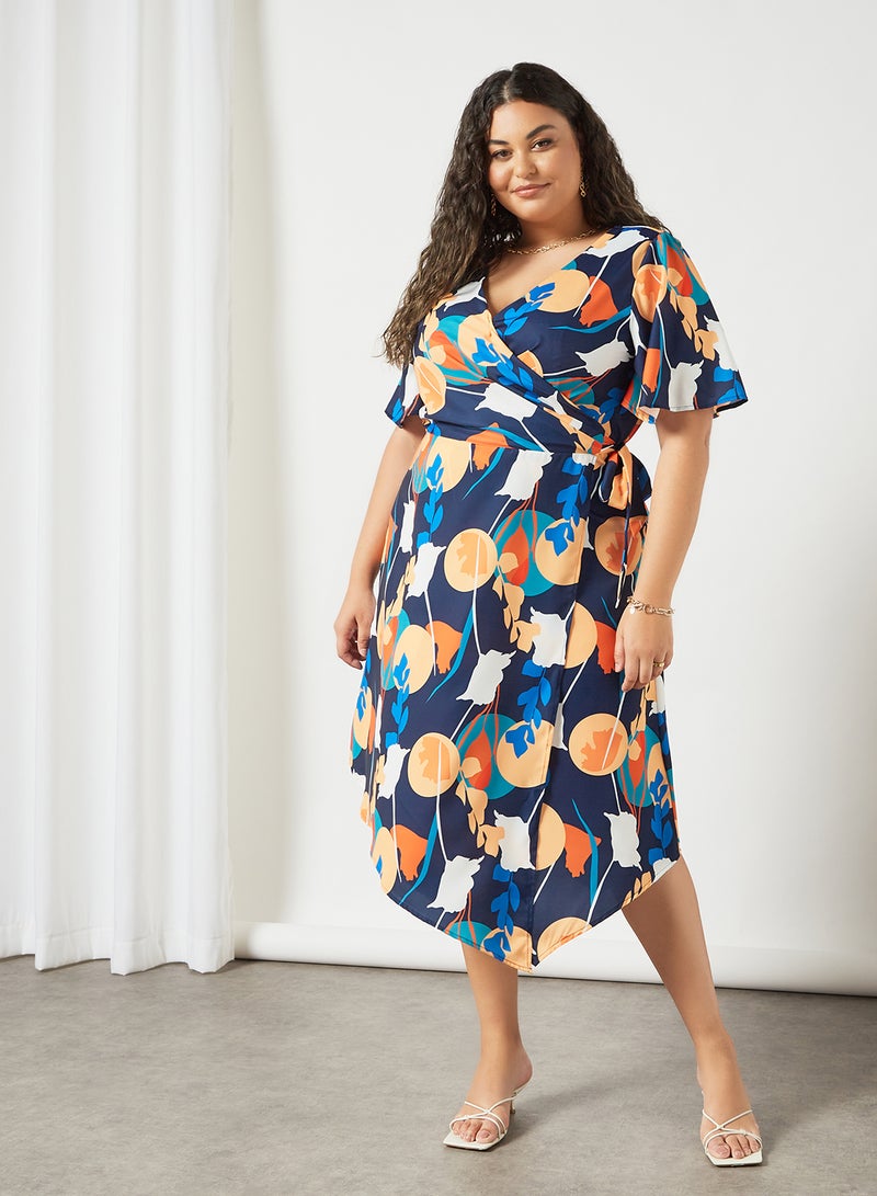 Chi-Chi London - Plus Size Abstract Print Wrap Dress Navy - Image 1