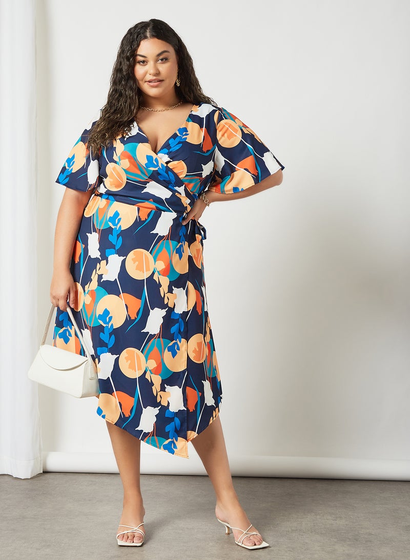 Chi-Chi London - Plus Size Abstract Print Wrap Dress Navy - Image 1