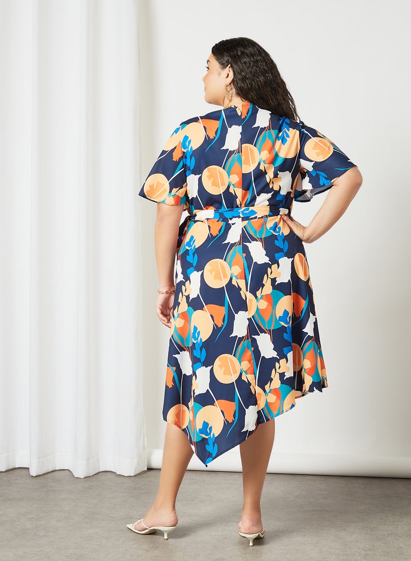 Chi-Chi London - Plus Size Abstract Print Wrap Dress Navy - Image 1