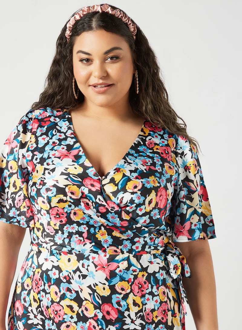Chi-Chi London Plus Size Floral Print Wrap Dress Multicolour