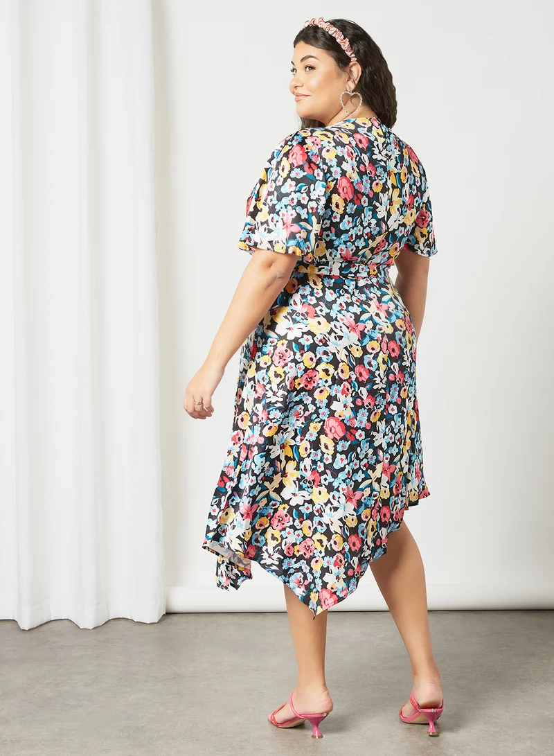 Chi-Chi London Plus Size Floral Print Wrap Dress Multicolour