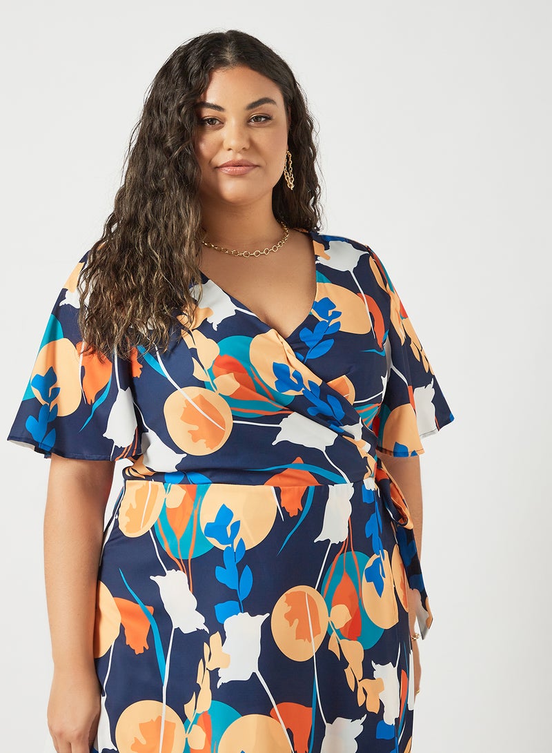 Chi-Chi London - Plus Size Abstract Print Wrap Dress Navy - Image 1