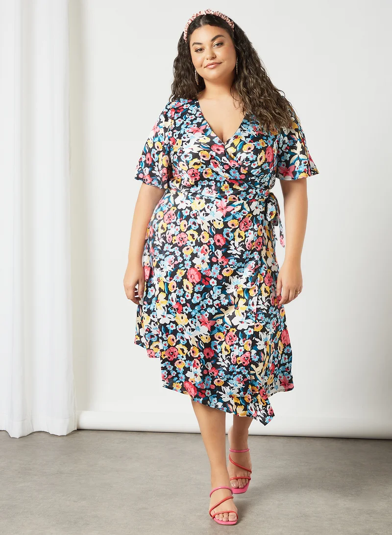 Chi-Chi London Plus Size Floral Print Wrap Dress Multicolour