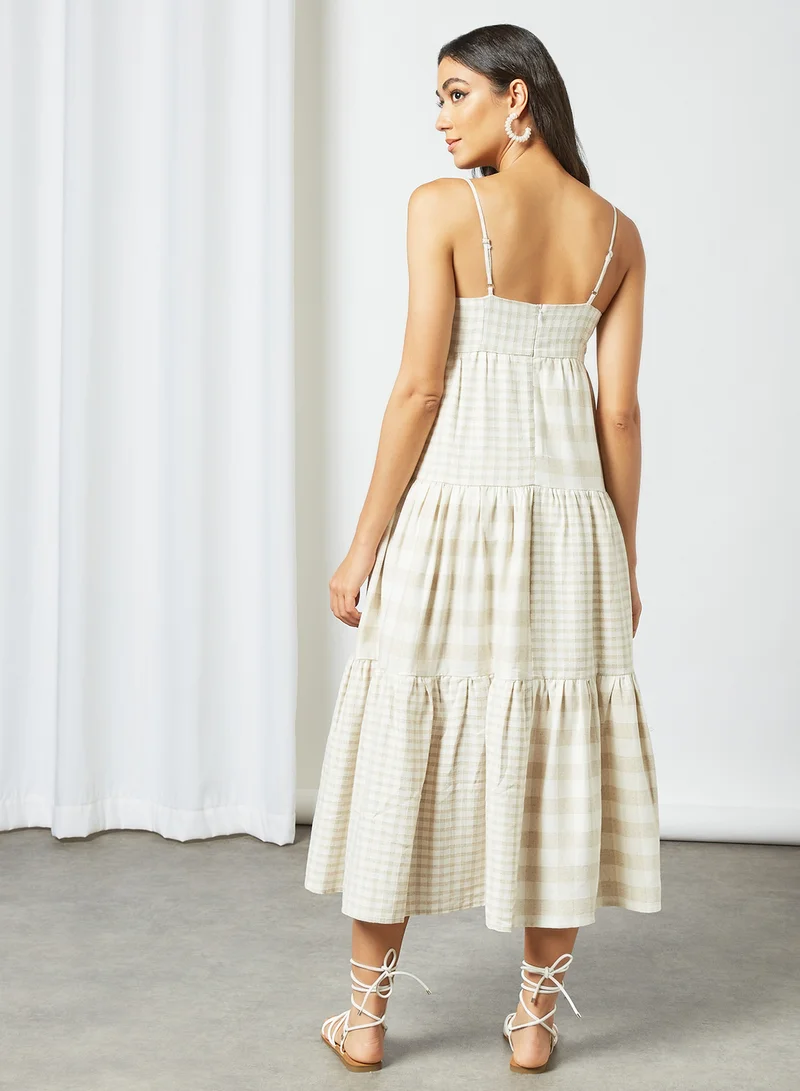 Cmeo collective Checkered Midi Strap Dress Ecru