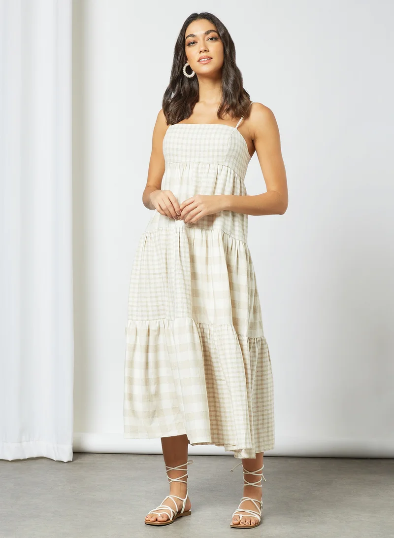Cmeo collective Checkered Midi Strap Dress Ecru