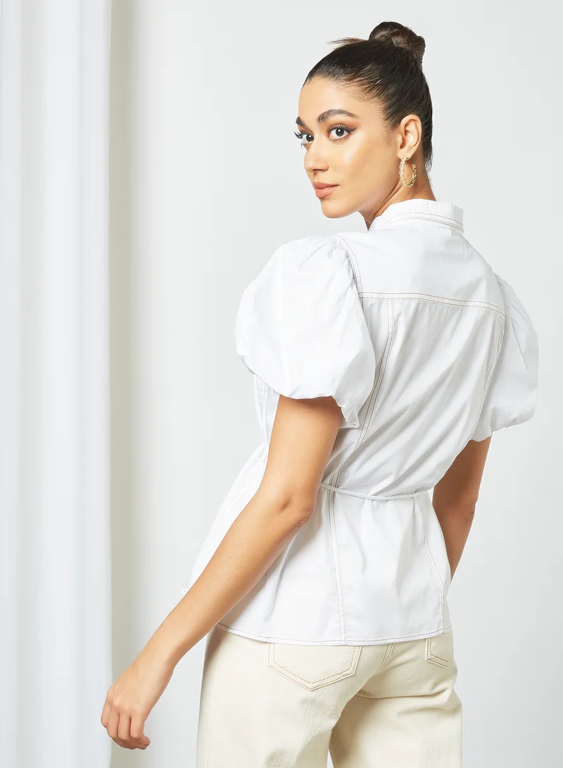 Cmeo collective Contrast Stitch Puff Sleeve Shirt White