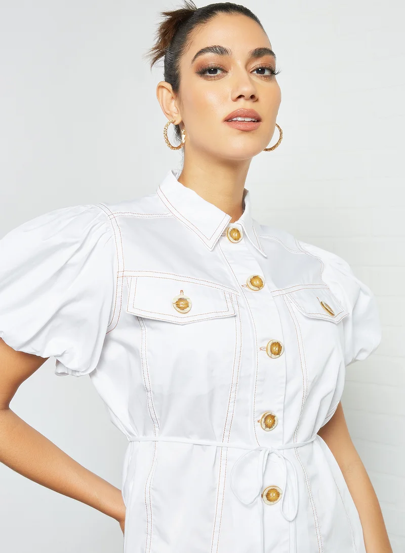 Cmeo collective Contrast Stitch Puff Sleeve Shirt White