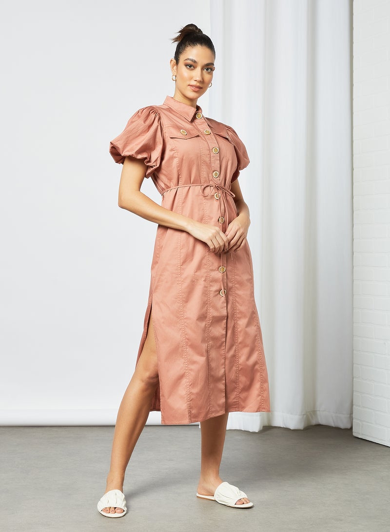 Cmeo collective - Puff Sleeve Midi Shirt Dress Pink - Image 1