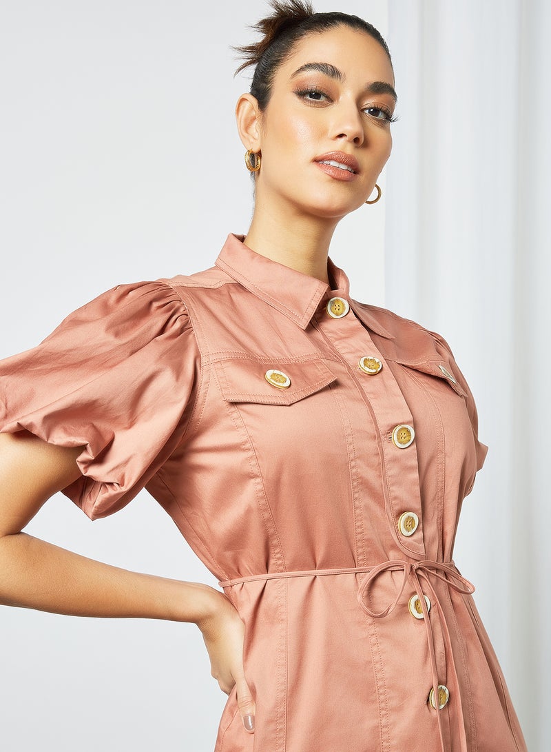 Cmeo collective - Puff Sleeve Midi Shirt Dress Pink - Image 1