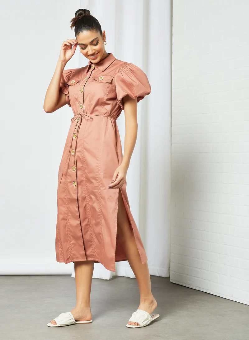 Cmeo collective Puff Sleeve Midi Shirt Dress Pink