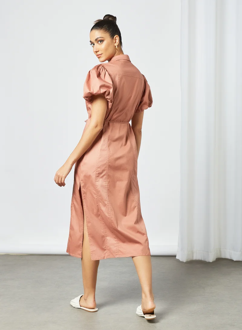Cmeo collective Puff Sleeve Midi Shirt Dress Pink