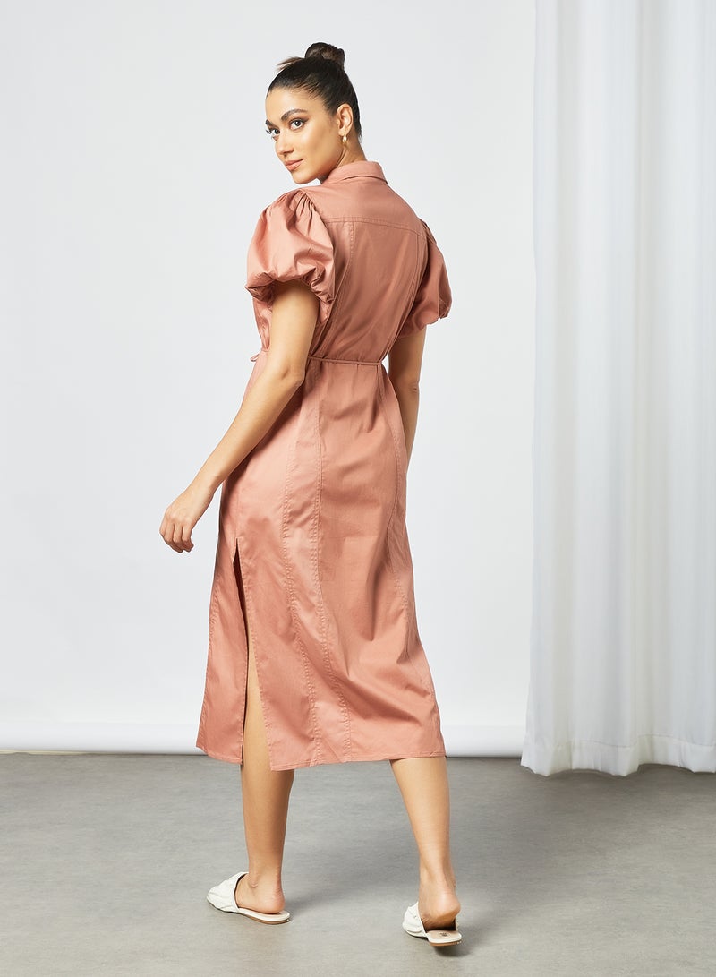 Cmeo collective - Puff Sleeve Midi Shirt Dress Pink - Image 1