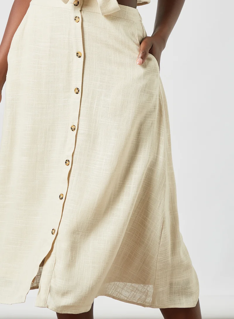 PIECES Button Down Midi Skirt Beige