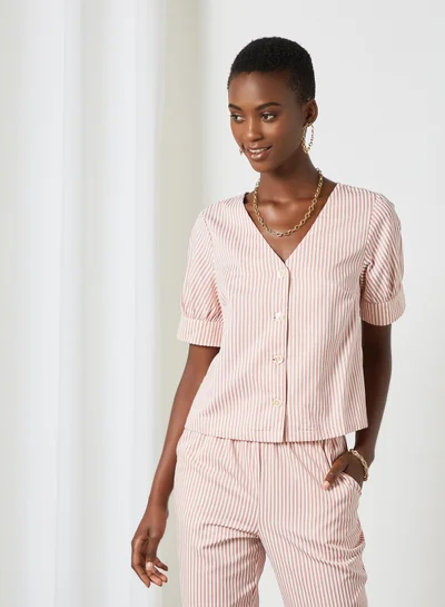PIECES Striped Button Top Pink