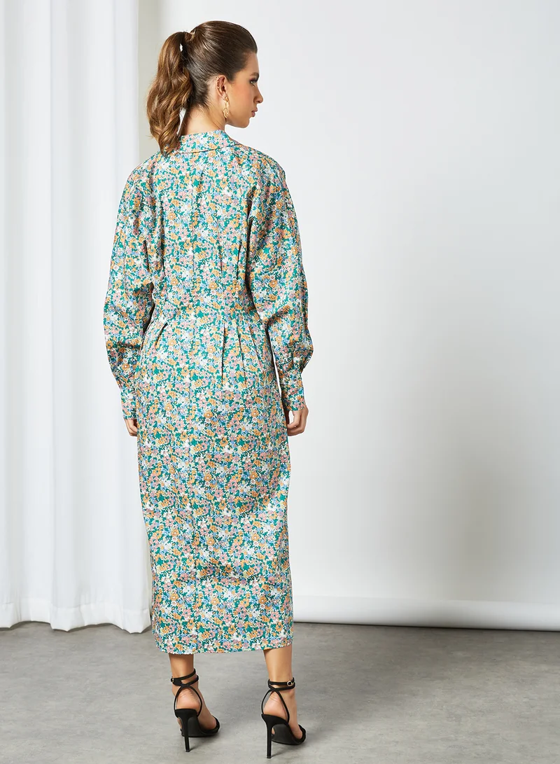 Y.A.S Floral Print Shirt Dress Green