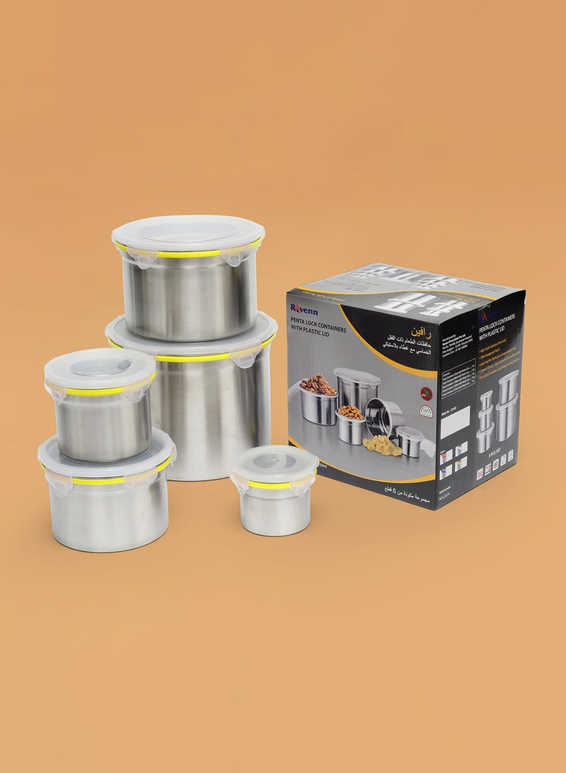 Ravenn - 5-Piece Penta Lock Container Set With Plastic Lid Yellow 4" - 375ml + 5" - 850ml + 6" - 1300ml + 7" - 2500ml + 8" - 5250mlml - Image 1