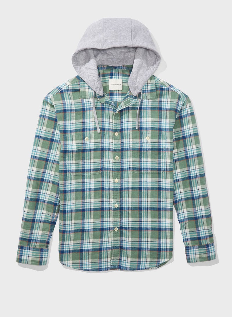 American Eagle - Checked Relaxed Fit Hooded Shirt Green/Blue/Grey - Image 1