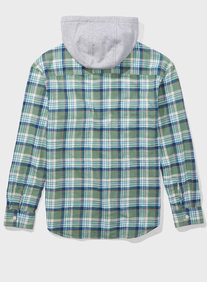 American Eagle - Checked Relaxed Fit Hooded Shirt Green/Blue/Grey - Image 1