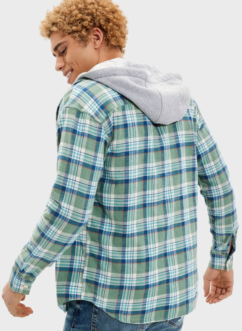 American Eagle - Checked Relaxed Fit Hooded Shirt Green/Blue/Grey - Image 1