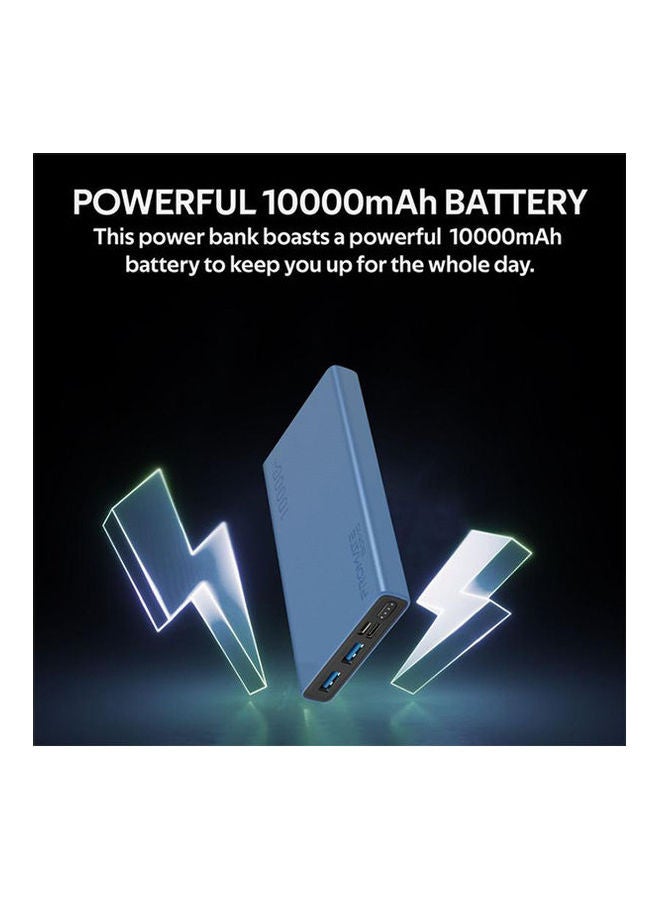10000.0 mAh Compact Smart Charging Power Bank With Dual Usb Output Blue