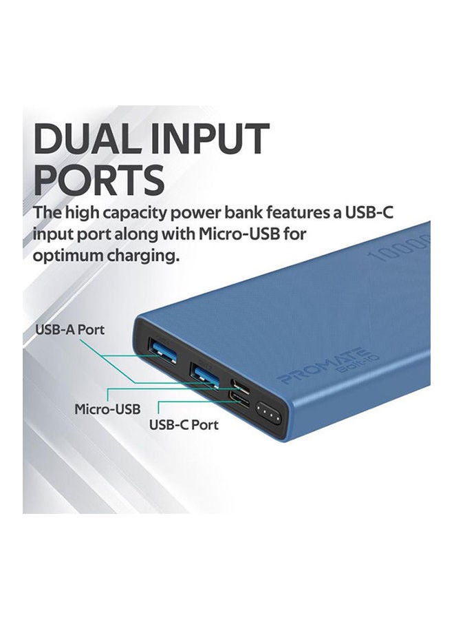 10000.0 mAh Compact Smart Charging Power Bank With Dual Usb Output Blue