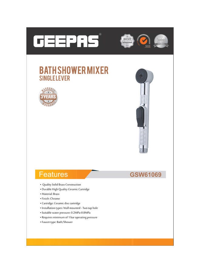 GEEPAS - Single Lever Hand Held Toilet Sprayer, Solid Brass Construction,  Durable High Quality Ceramic Cartridge,Wall Mounted - Two Tap Hole,  Suitable Water Pressure Silver 18x19x6cm - Image 1