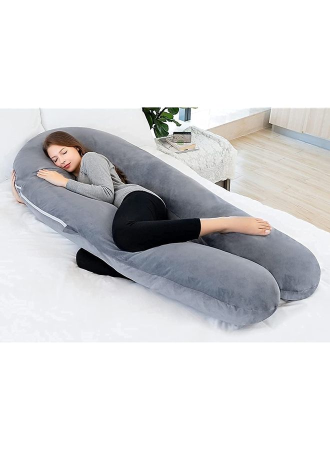 Blueberry Luxury Body Pillow U Shaped with Soft Cover Velvet Grey 130 x 70cm  - Image 1