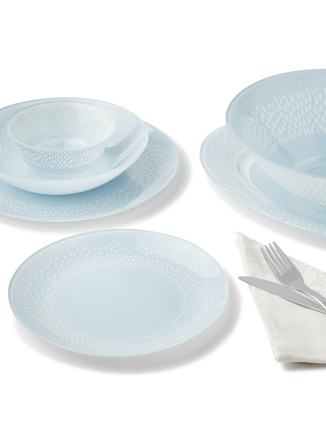 34 Piece Glass Dinner Set For Everyday Use - Light Weight Dishes, Plates - Dinner Plate, Side Plate, Bowl - Serves 6 - Printed Design Alice Blue 