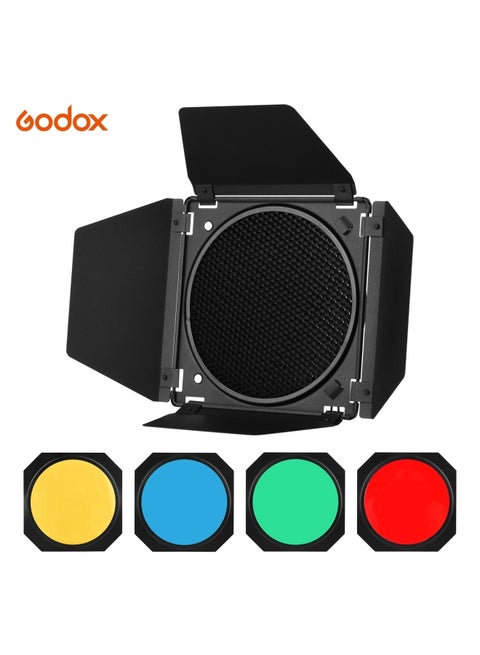 Barn Door Kit With Honeycomb Grid 4 Color Gel Filters Black