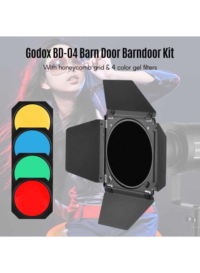 Godox - Barn Door Kit With Honeycomb Grid 4 Color Gel Filters Black - Image 1