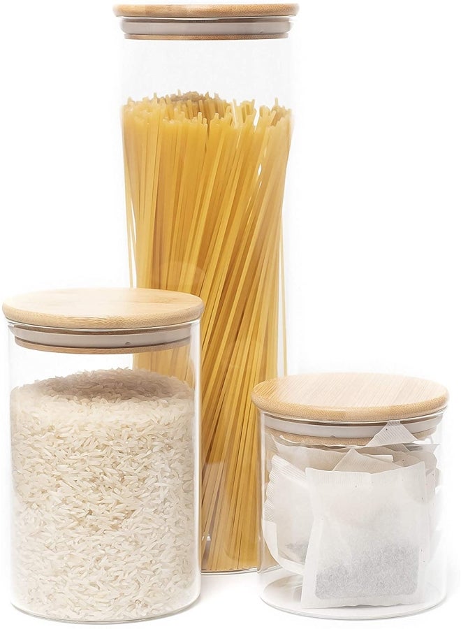 XiuWoo 3-Piece Glass Storage Jars With Bamboo lids Clear/Beige 10x28cm - Image 1
