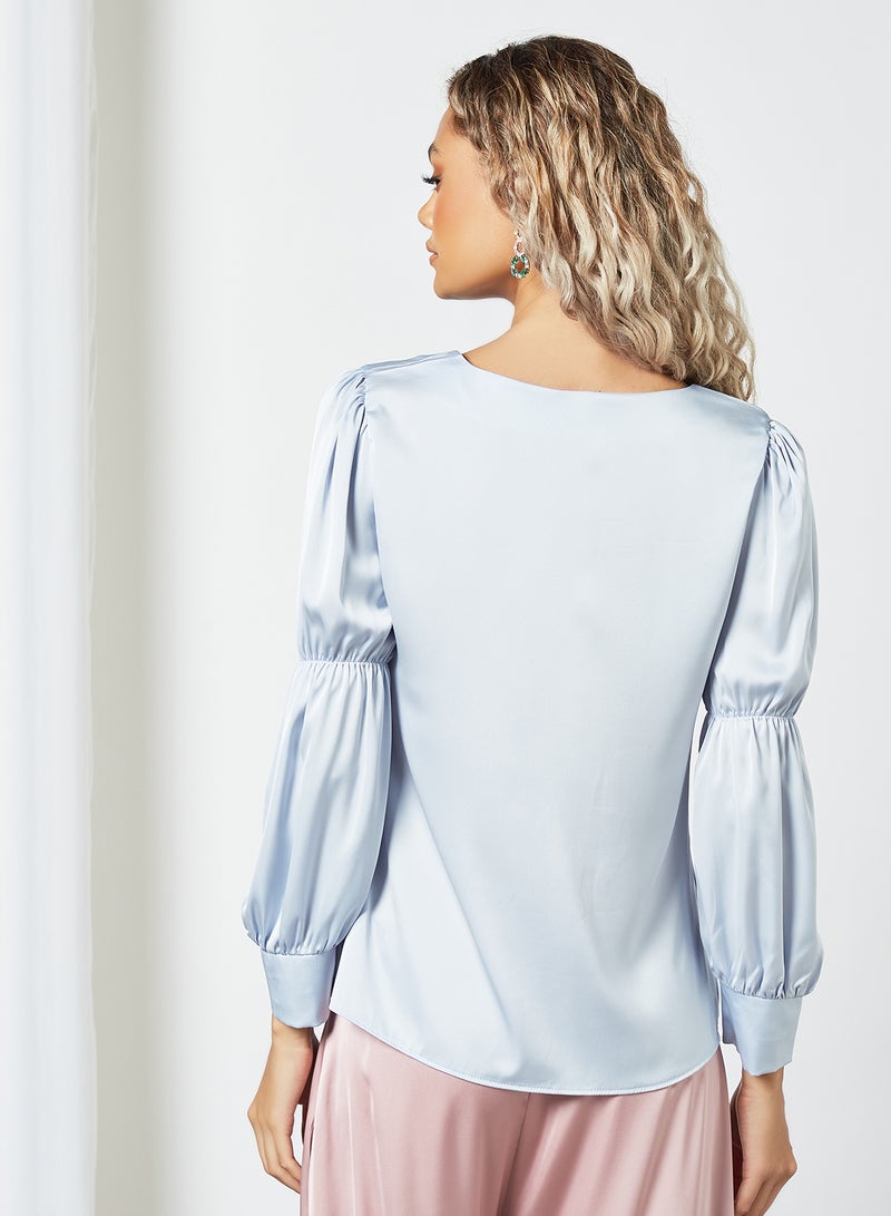 Sivvi x GenM Satin Balloon Sleeve Blouse Blue - Image 3