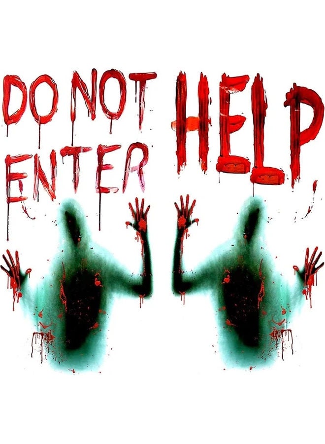 Do Not Enter Scary Blood Handprint And Shadowy Figure Window Door Cover Green/Red 