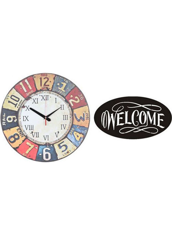 سولو - "لوحة فنية من الخشب بتصميم ساعة حائط خشبية بعقارب مطبوع عليها كلمة "Welcome" طراز A1451" متعدد الألوان 40سم - Image 1