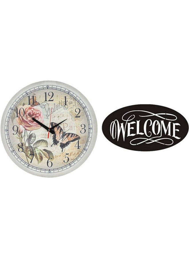 سولو "لوحة فنية من الخشب بتصميم ساعة حائط خشبية دائرية بعقارب مطبوع عليها كلمة "Welcome" طراز A2141 متعدد الألوان 40سم